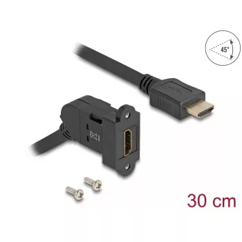 DeLOCK HDMI paneļa stiprinājuma, sievišķais 45° leņķveida uz HDMI vīrišķais, 30 cm kabelis 8K 60 Hz melns