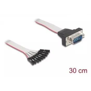Plakans lentes RS-232 kabelis DELOCK 9-pin ligzda uz D-Sub 9-pin spraudnis ar uzgriežņiem, 30 cm, melns/pelēks