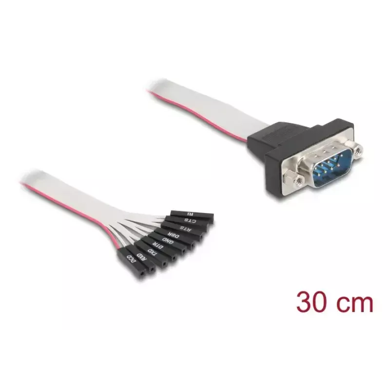 Plakans lentes RS-232 kabelis DELOCK 9-pin ligzda uz D-Sub 9-pin spraudnis ar uzgriežņiem, 30 cm, melns/pelēks