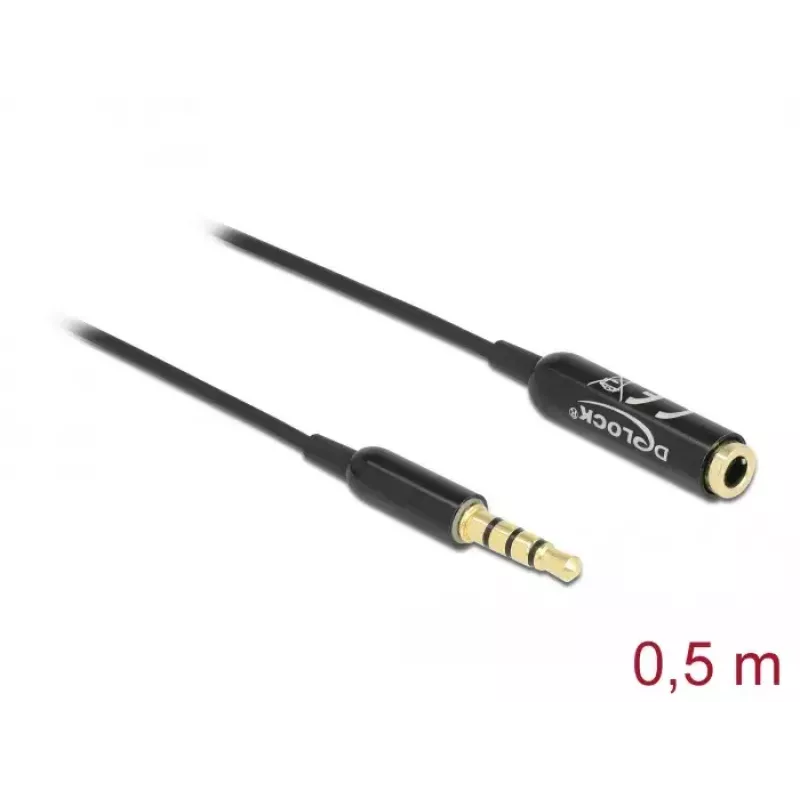 Audio pagarinātāja kabelis DeLOCK 66074 3,5 mm 4 kontaktu spraudnis ligzdai Ultra plāns 0,5 m melns