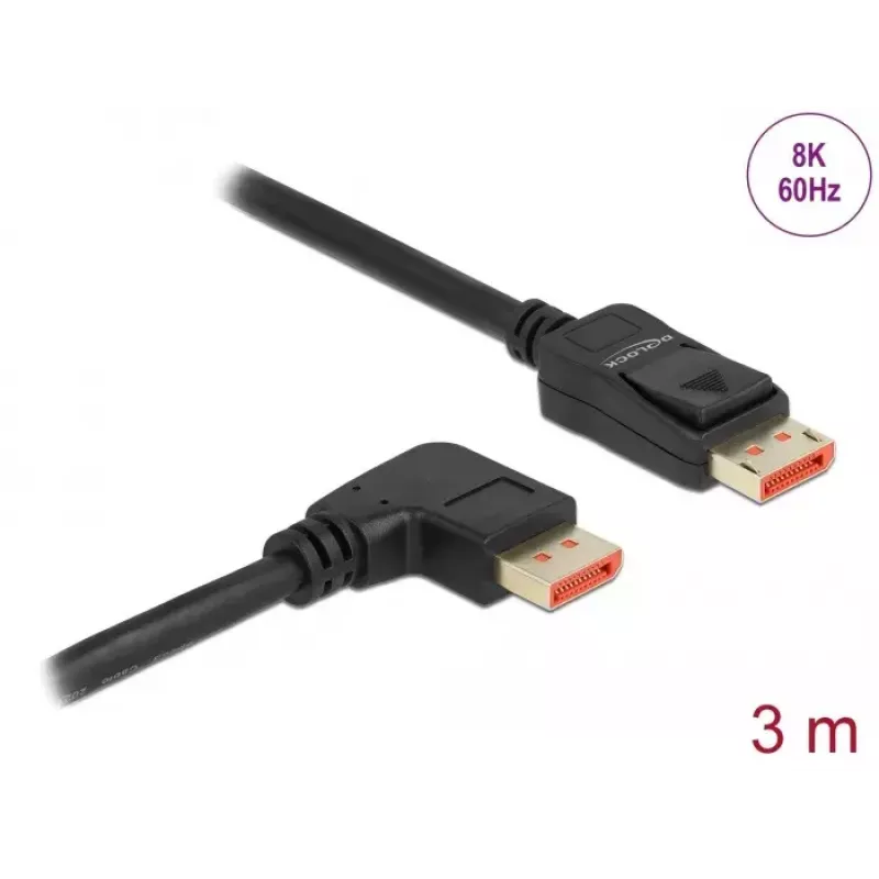 DisplayPort kabelis DeLOCK 8K 60 Hz 3 m taisns vīrišķais pret vīrišķo 90° leņķisavienotājs