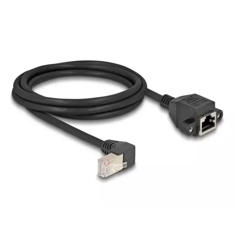 DeLOCK tīkla pagarinātājkabelis S/FTP RJ45 90° leņķa uz RJ45 Cat.6A 2m melns
