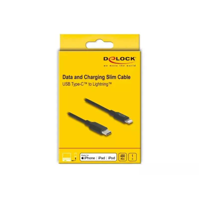 Kabelis DELOCK USB-C uz Lightning plāns 1 m, Lightning ↔ USB-C, 9 V 3 A, 3.3 mm, MFi