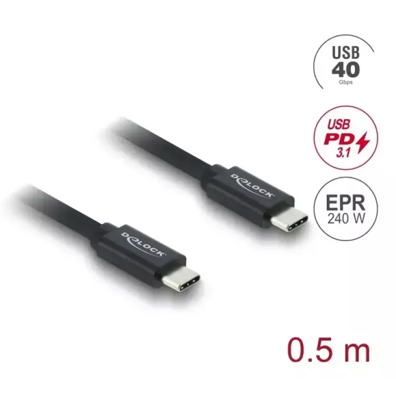 DELOCK Coaxial USB C to USB C kabelis USB4 Gen 3x2 40 Gbps USB PD 3.1 240W 0.5 m