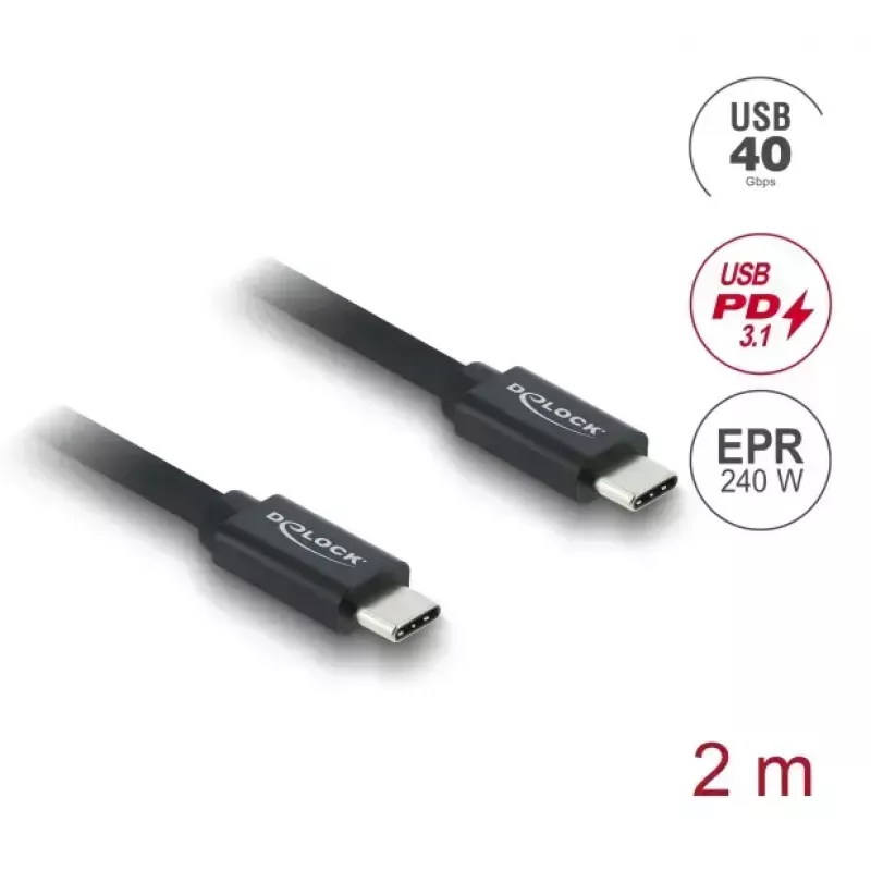 DELOCK USB4 Gen 3x2 koaksiālais USB-C uz USB-C kabelis 40 Gbps PD 3.1 240 W 2 m