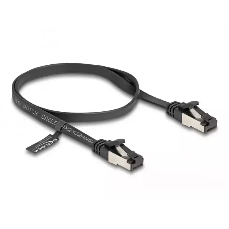 Tīkla kabelis DeLOCK RJ45 plakanais savienojuma kabelis spraudnis–spraudnis Cat.8.1 elastīgs 0,5 m melns
