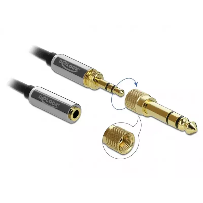Audio pagarinātāja kabelis DELOCK 85831 — 1 m, 3,5 mm vīrišķais uz sievišķo, zelta pārklājuma kontakti, AWG 28, melns