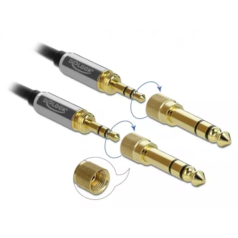 Audio kabelis DELOCK 85837 — 2 m, 3,5 mm vīrišķais-vīrišķais, apzeltīti kontakti, AWG 28, melns