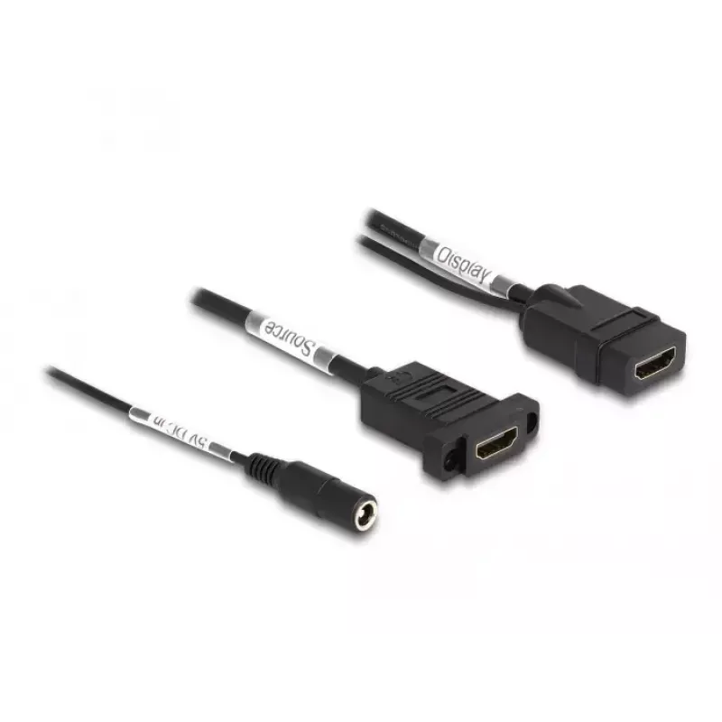 DeLOCK HDMI kabelis 4K 60 Hz ar līdzstrāvas padevi 2.1 x 5.5 mm 0.30 m panelī montējams