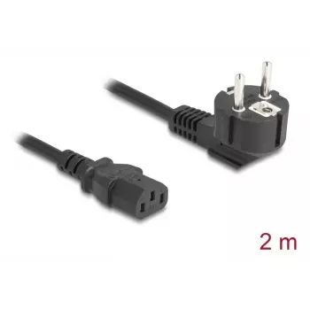 PC strāvas vads DELOCK 81326 — iezemēts CEE 7/7 (90°) uz IEC C13, 2 m, 3×0,75 mm², melns