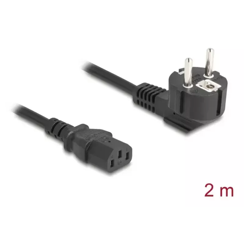 PC strāvas vads DELOCK 81326 — iezemēts CEE 7/7 (90°) uz IEC C13, 2 m, 3×0,75 mm², melns