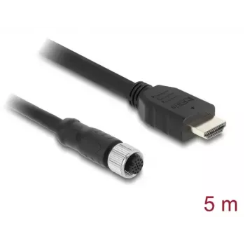 Kabelis DELOCK M12 A-kodēts 17 kontaktu sieviešu pret HDMI vīriešu 5 m melns