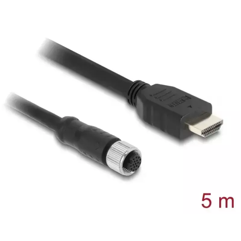 Kabelis DELOCK M12 A-kodēts 17 kontaktu sieviešu pret HDMI vīriešu 5 m melns