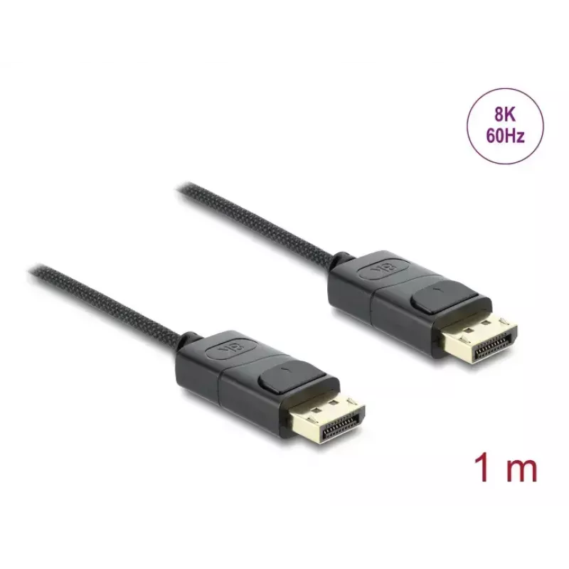 DELOCK koaksiālais DisplayPort kabelis 8K 60 Hz, DisplayPort–DisplayPort, 1 m, melns, pīta apvalka