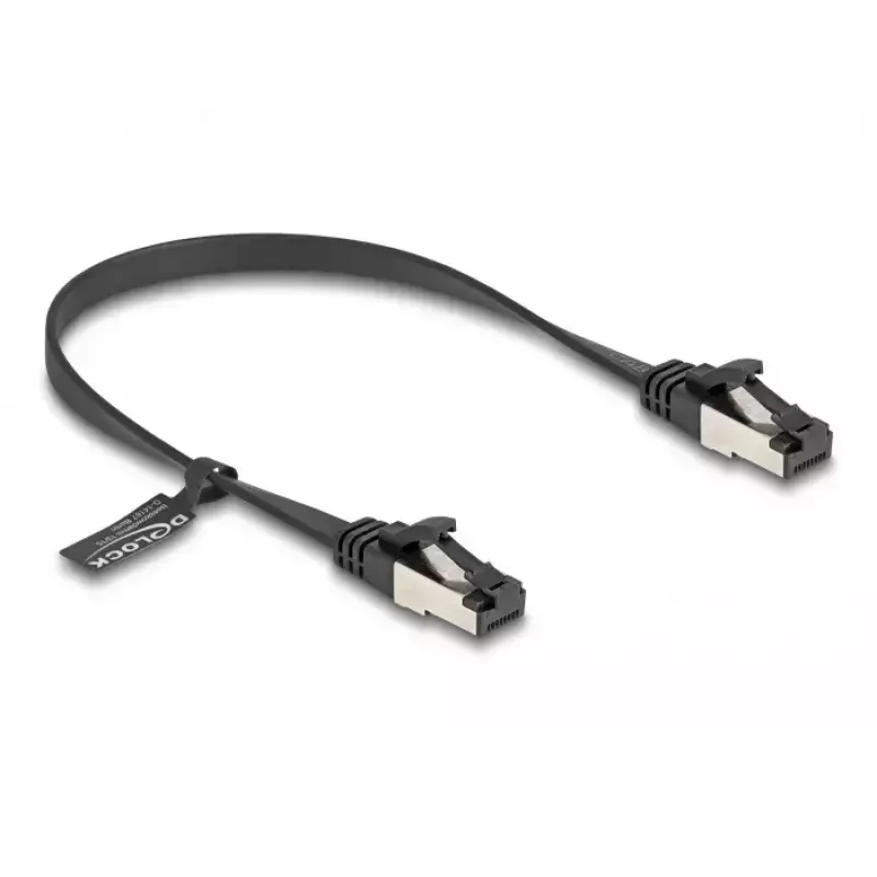 Tīkla kabelis DeLOCK RJ45 plakans komutācijas kabelis spraudnis–spraudnis Cat.8.1 0,25 m melns