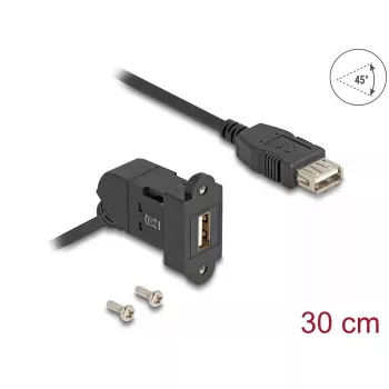 DeLOCK USB 2.0 Type-A paneļa montāžas ligzda 45° leņķī pret Type-A ligzdu ar 30 cm kabeli melns