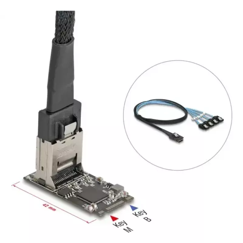 DELOCK iekšējā M.2–Mini-SAS adaptera karte 64260, M.2 resursdators, Mini-SAS izeja, JMicron JMB585, melna, LED