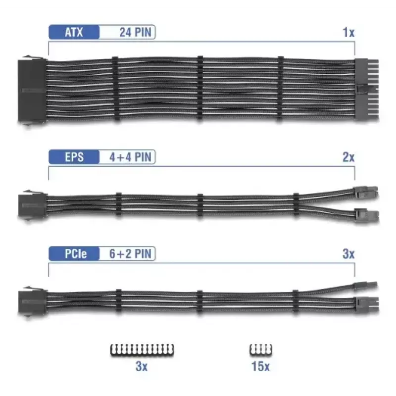DELOCK PSU pagarinātāju kabeļu komplekts 30 cm, 6 gabalu, pīts (1×24‑pin ATX, 2×4+4‑pin EPS, 3×6+2‑pin PCIe) melns