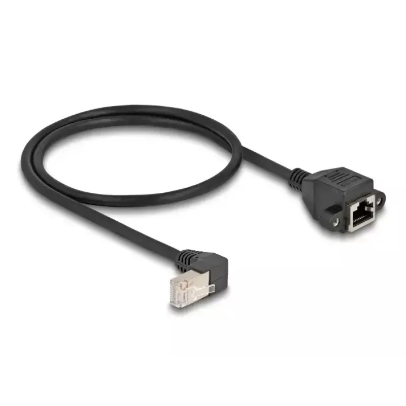 DeLOCK tīkla pagarinātāja kabelis S/FTP RJ45 90° leņķa uz RJ45 Cat.6A 0,5 m melns
