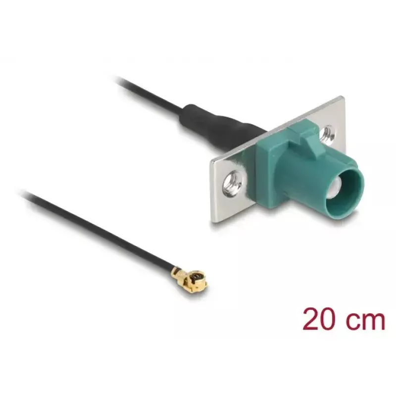 Koaksiālais kabelis DELOCK 90732 — FAKRA E uz I-PEX MHF1, 0,2 m, 1,13 mm, melns/tirkīza