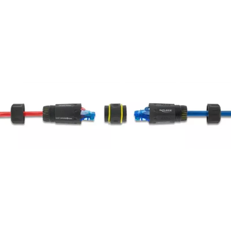 Savienotāja adapteris DELOCK RJ45 ligzda–RJ45 ligzda ar M23 vītni Cat.6a/Cat.7, IP68, melns
