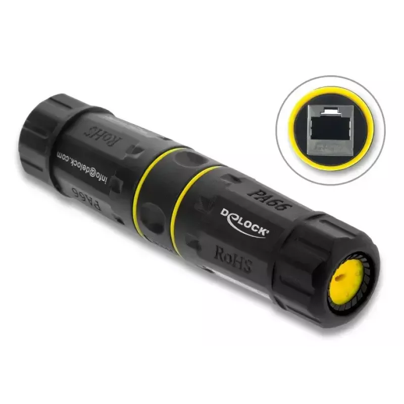 Savienotāja adapteris DELOCK RJ45 ligzda–RJ45 ligzda ar M23 vītni Cat.6a/Cat.7, IP68, melns