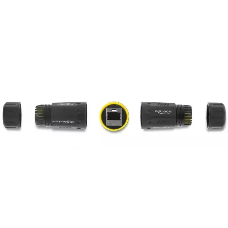Savienotāja adapteris DELOCK RJ45 ligzda–RJ45 ligzda ar M23 vītni Cat.6a/Cat.7, IP68, melns