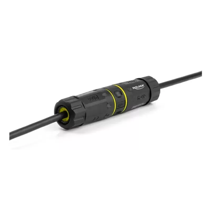 Savienotāja adapteris DELOCK RJ45 ligzda–RJ45 ligzda ar M23 vītni Cat.6a/Cat.7, IP68, melns