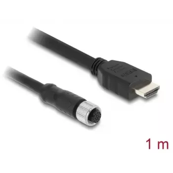 DELOCK kabelis M12 A-kodējums, 17 kontaktu (sievišķais) uz HDMI (vīrišķais) — 1 m, melns