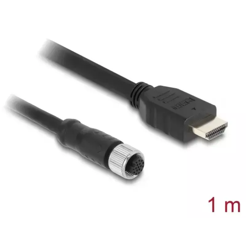 DELOCK kabelis M12 A-kodējums, 17 kontaktu (sievišķais) uz HDMI (vīrišķais) — 1 m, melns