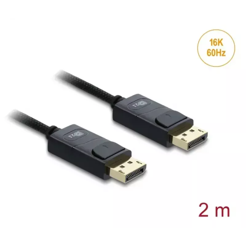 DELOCK koaksiālais DisplayPort kabelis 16K 60 Hz 80 Gbps, DisplayPort uz DisplayPort, 2 m, melns, pīts pārklājums