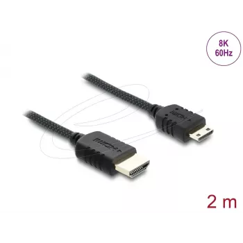 HDMI kabelis DELOCK 81688 — 2 m, HDMI Type A (vīr.) uz HDMI Type C (Mini, vīr.), 48 Gbit/s, līdz 7680×4320, zelta pārklājuma kontakti, melns