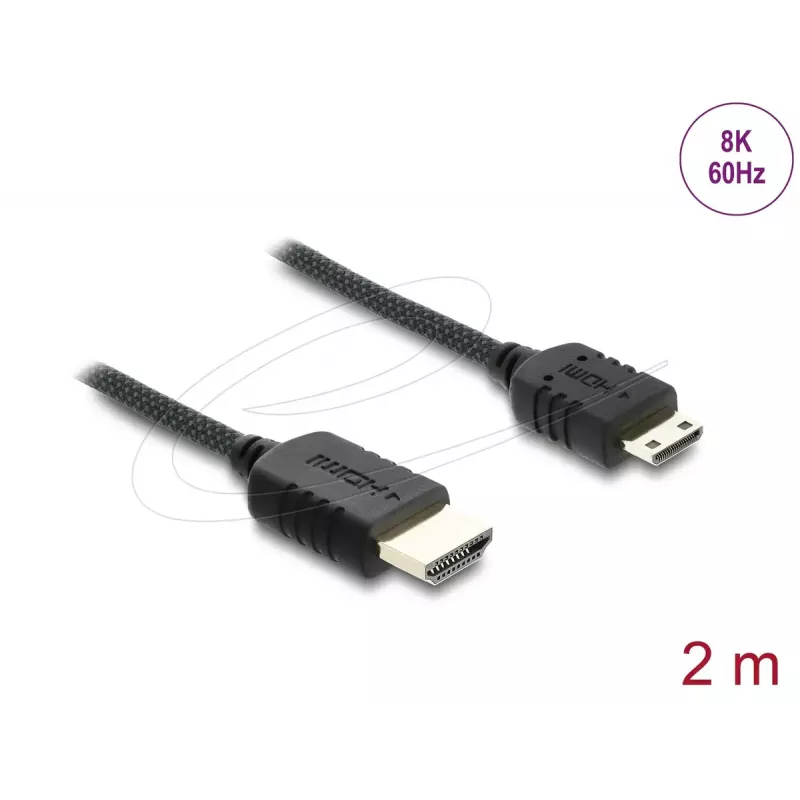 HDMI kabelis DELOCK 81688 — 2 m, HDMI Type A (vīr.) uz HDMI Type C (Mini, vīr.), 48 Gbit/s, līdz 7680×4320, zelta pārklājuma kontakti, melns