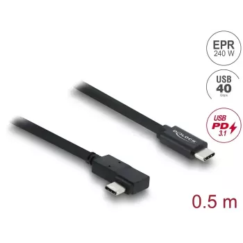 DELOCK koaksiālais USB4 Gen 3x2 kabelis leņķveida kreisais/labais USB-C uz USB-C 40 Gbps USB PD 3.1 240 W 0,5 m