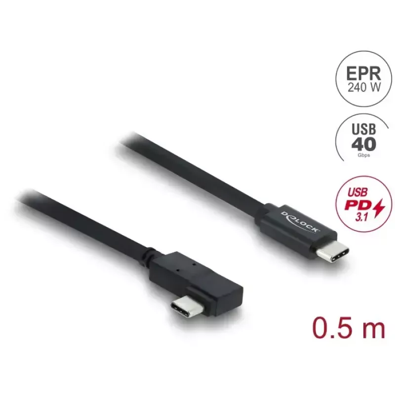 DELOCK koaksiālais USB4 Gen 3x2 kabelis leņķveida kreisais/labais USB-C uz USB-C 40 Gbps USB PD 3.1 240 W 0,5 m
