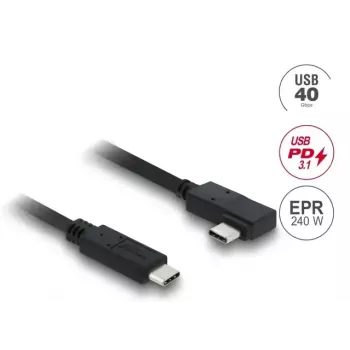DELOCK koaksiālais USB4 Gen 3x2 kabelis USB-C uz USB-C 40 Gbps PD 3.1 240 W leņķveida pa kreisi/pa labi 1 m