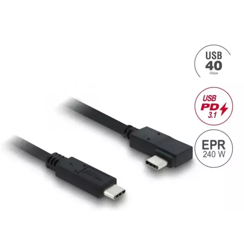 DELOCK koaksiālais USB4 Gen 3x2 kabelis USB-C uz USB-C 40 Gbps PD 3.1 240 W leņķveida pa kreisi/pa labi 1 m