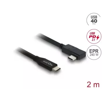 Kabelis DELOCK koaksiālais USB4 Gen 3x2 40 Gbps USB-C uz USB-C leņķveida pa kreisi/pa labi PD 3.1 240W 2 m