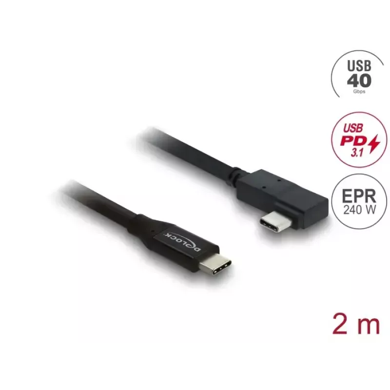 Kabelis DELOCK koaksiālais USB4 Gen 3x2 40 Gbps USB-C uz USB-C leņķveida pa kreisi/pa labi PD 3.1 240W 2 m