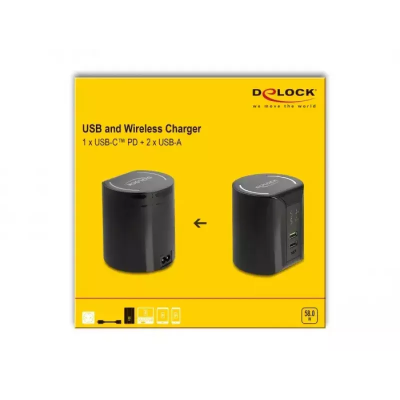 DeLOCK USB un bezvadu lādētājs 1 x USB Type-C PD + 2 x USB Type-A 58 W