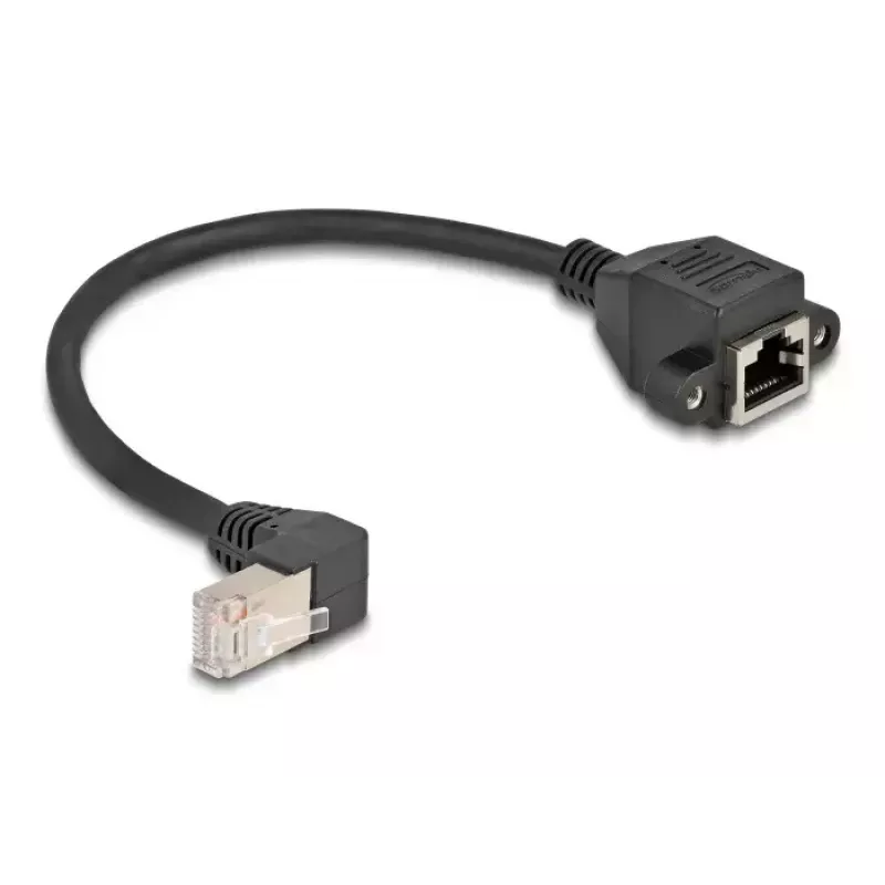 DeLOCK tīkla pagarinātāja kabelis S/FTP RJ45 90° leņķveida uz RJ45 Cat.6A 0,25 m melns