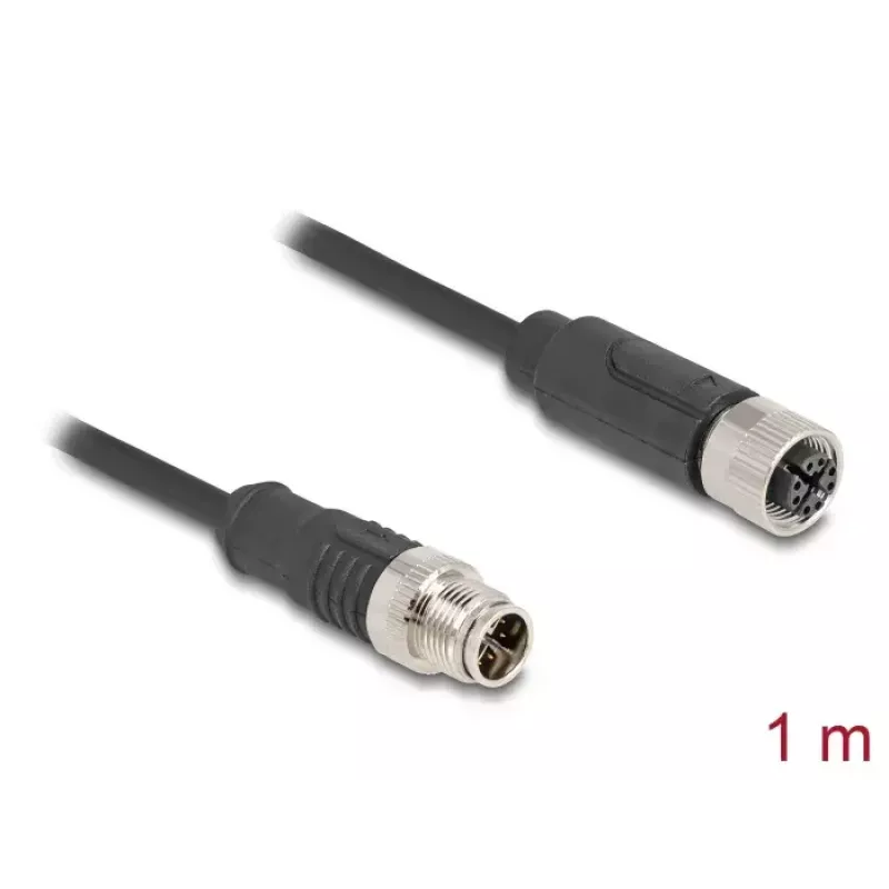 DELOCK tīkla kabelis M12, X-kodēts, 8 kontaktu, vīrišķais uz sievišķo, Cat5e, 1 m, melns