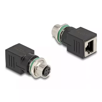 DeLOCK M12 adapteris D-kodēts 4 kontaktu sievišķais uz RJ45 ligzdu taisns