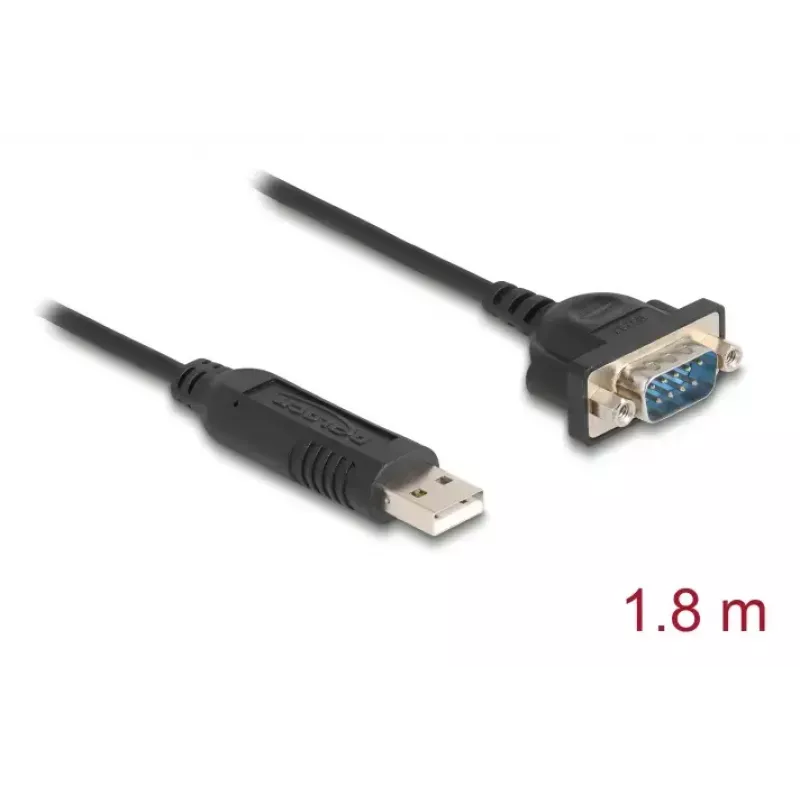 DELOCK USB RS-232 adapteris, USB 2.0 uz D-Sub 9 vīrišķo ar uzgriežņiem, USB Type-A uz RS-232, 1,8 m, melns