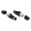 DELOCK M12 D-kodētais adapteris, 4 kontaktu sieviešu uz RJ45 spraudni, zelta kontakti, melns