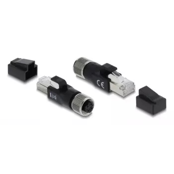 DELOCK M12 D-kodētais adapteris, 4 kontaktu sieviešu uz RJ45 spraudni, zelta kontakti, melns
