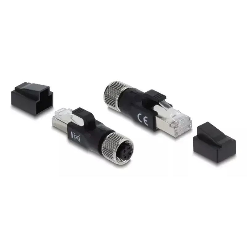 DELOCK M12 D-kodētais adapteris, 4 kontaktu sieviešu uz RJ45 spraudni, zelta kontakti, melns