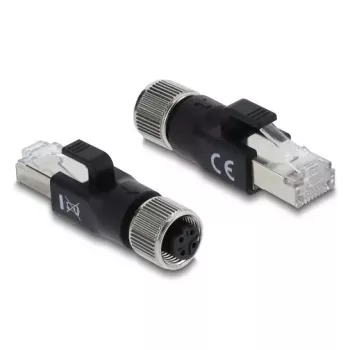 DELOCK M12 D-kodētais adapteris, 4 kontaktu sieviešu uz RJ45 spraudni, zelta kontakti, melns