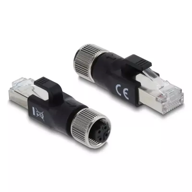 DELOCK M12 D-kodētais adapteris, 4 kontaktu sieviešu uz RJ45 spraudni, zelta kontakti, melns
