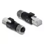 DELOCK M12 D-kodētais adapteris, 4 kontaktu sieviešu uz RJ45 spraudni, zelta kontakti, melns